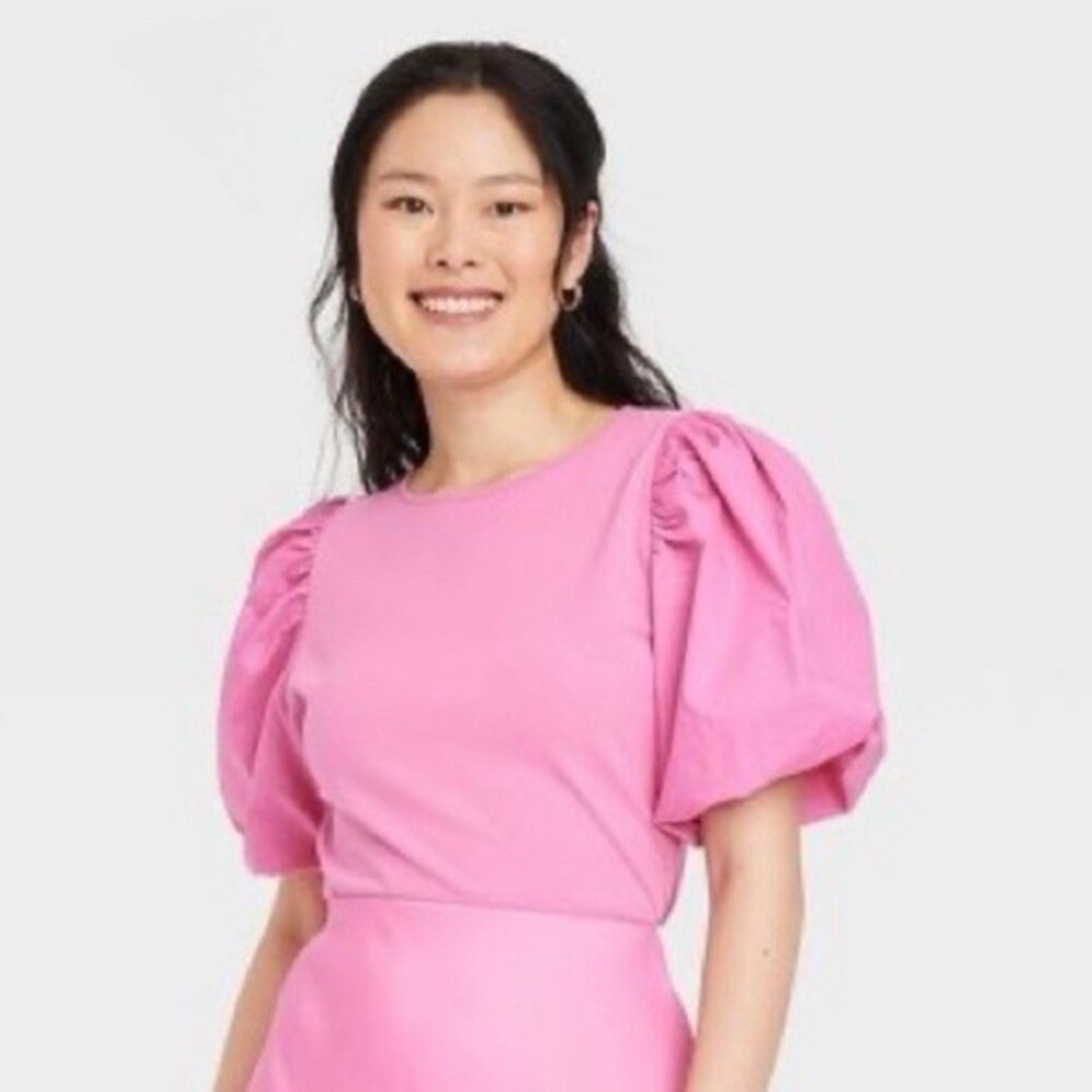 A New Day Blouse Womens XS Pink Puff Sleeve Knit Blouse Top